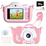 Kriogor Kinder Kamera, Digital Fotokamera Selfie und Videokamera mit 16 MP/Dual Lens/ 2 Inch Bildschirm/ 1080P HD/ 32G TF Karte/ 9 Fach Digitalzoom, Geburtstagsgeschenk für Kinder(Rosa)