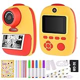 GOLDGE Sofortbildkamera Kinder Kamera Digitale Fotokamera Selfie Videokamera mit 3 Rolle Druckpapier 32G Speicherkarten Lanyard Aufklebern Fotoeckenaufklebern Geschenk für Kinder（Rotgelb）