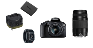 Canon EOS 2000D mit Objektiven und passendem Zubehör