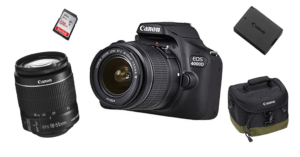 Canon EOS 4000D mit Objektiven und passendem Zubehör